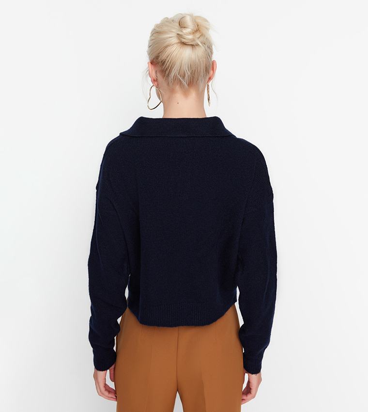 Rib-Knit Collared Sweater