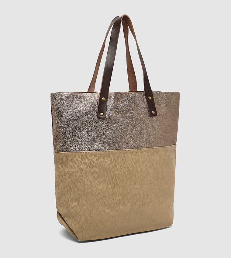 Color Block Snap Button Closure Tote Bag