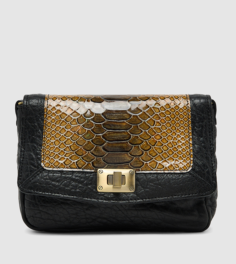 Snake Printed Twist Lock Crossbody Bag