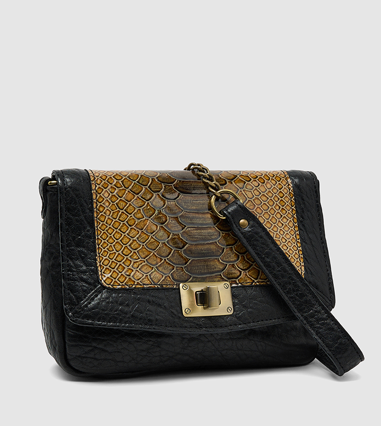 Snake Printed Twist Lock Crossbody Bag
