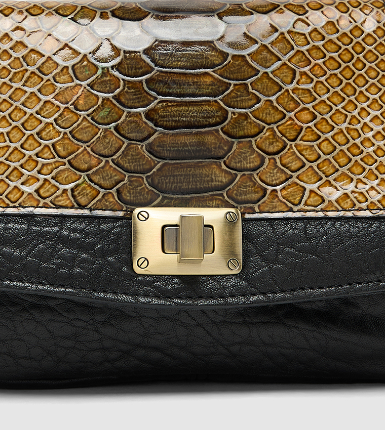 Snake Printed Twist Lock Crossbody Bag
