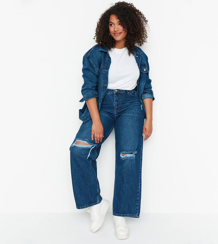 Buy Trendyol High Waist Wide Leg Ripped Jeans In Blue