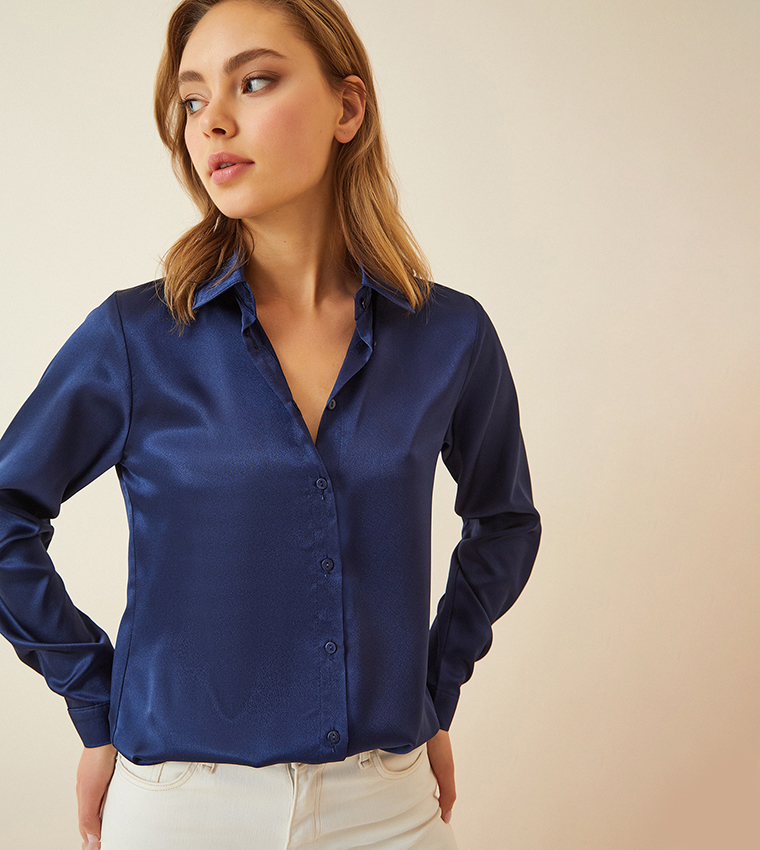 Buy Happiness İstanbul Solid Satin Long Sleeves Shirt In Blue ...