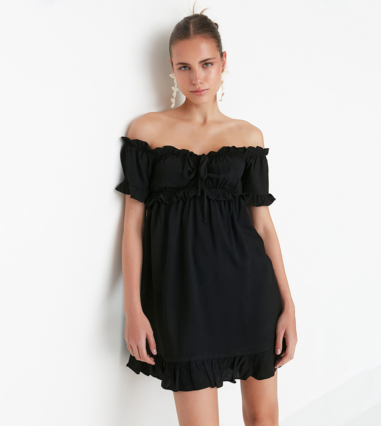 Buy Trendyol String Neck Tie Mini Dress In Black | 6thstreet UAE Buy Trendyol String Neck Tie Mini Dress In Black | 6thstreet UAE