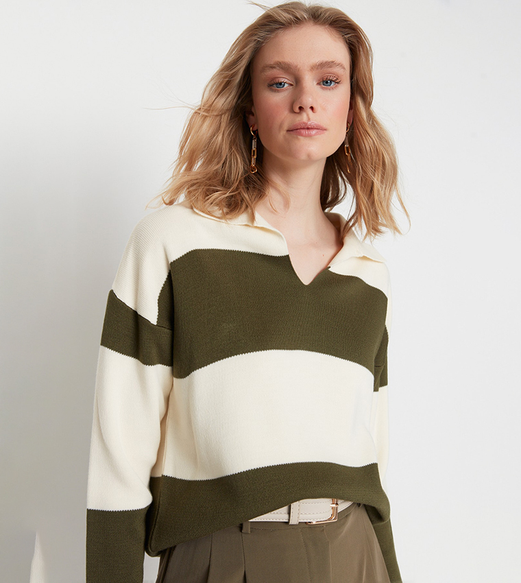Color Block Polo Neck Knitwear Sweater