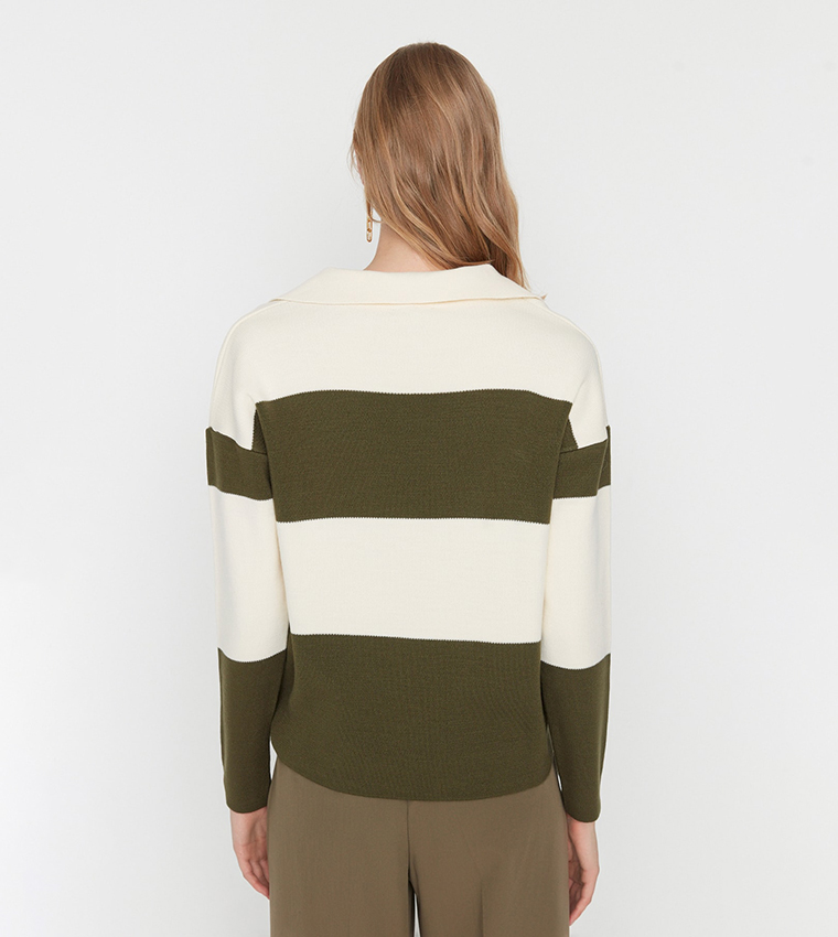 Color Block Polo Neck Knitwear Sweater