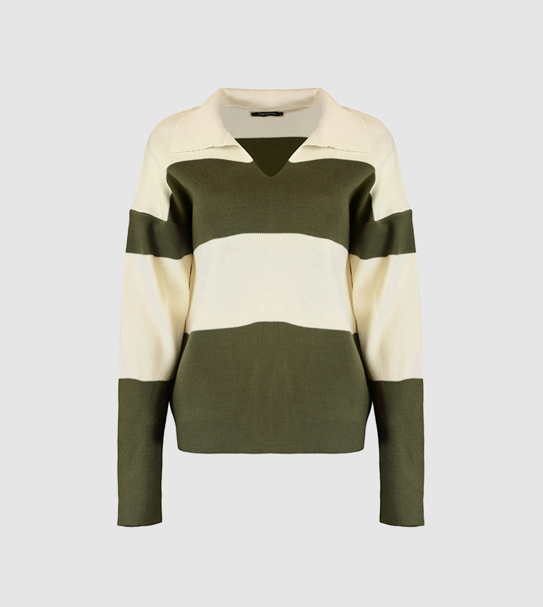 Color Block Polo Neck Knitwear Sweater