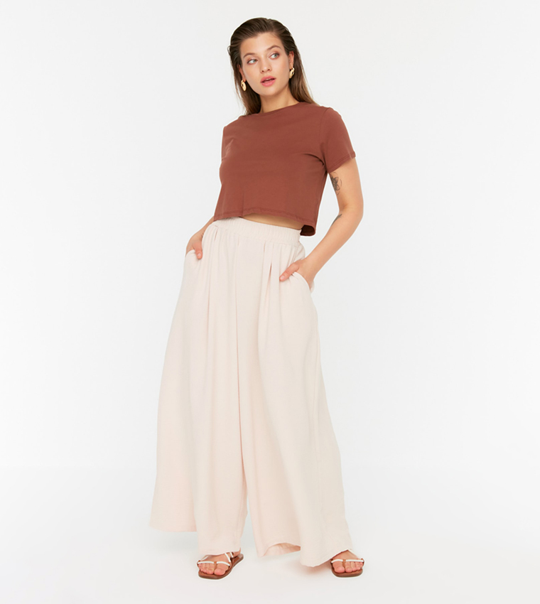 Buy Trendyol Wide Leg Woven Trousers In Beige