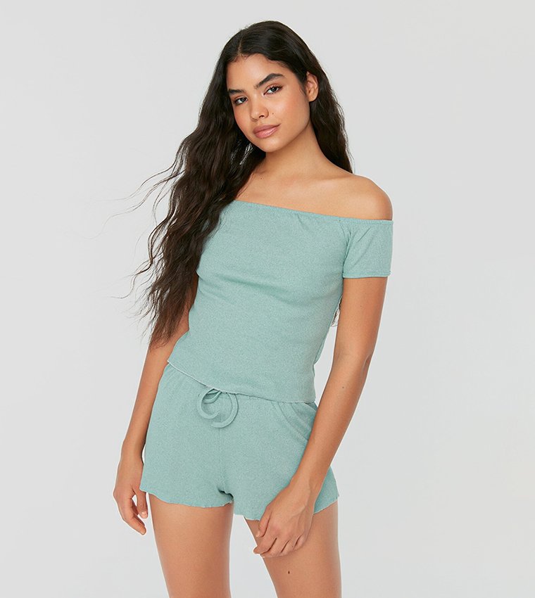 Buy Trendyol Solid Carmen Collar Co Ord Set In Green 6thStreet Qatar