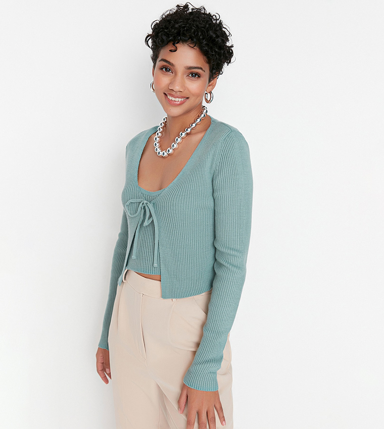 Buy Trendyol Tie Detailed Blouse Cardigan Knitted Suit In Mint