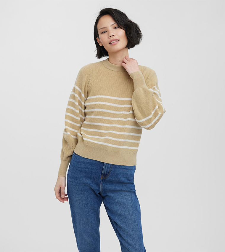 Buy Vero Moda Striped Leg O Mutton Sleeve Jumper In Beige 6thStreet Bahrain