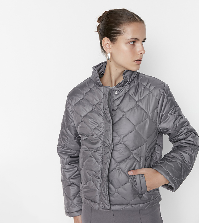 Buy Trendyol Upright Collar Inflatable Quilted Coat In Grey | 6thStreet ...