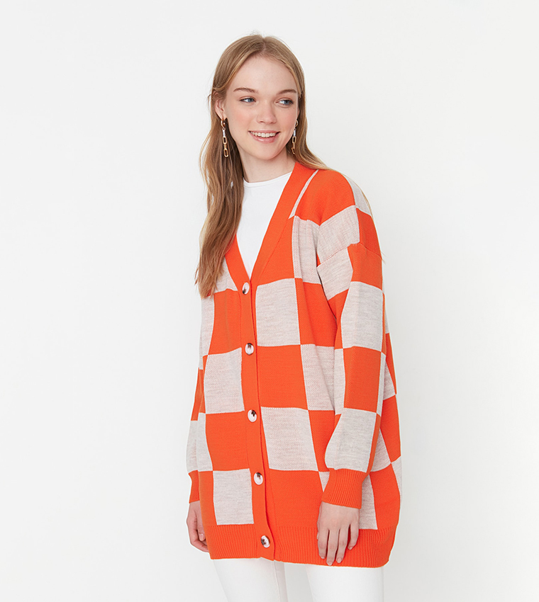 Buy Trendyol Checkered Knitwear Cardigan In Orange