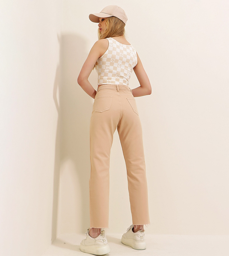 Women's High Waist Slit Jeans With Bead Trim