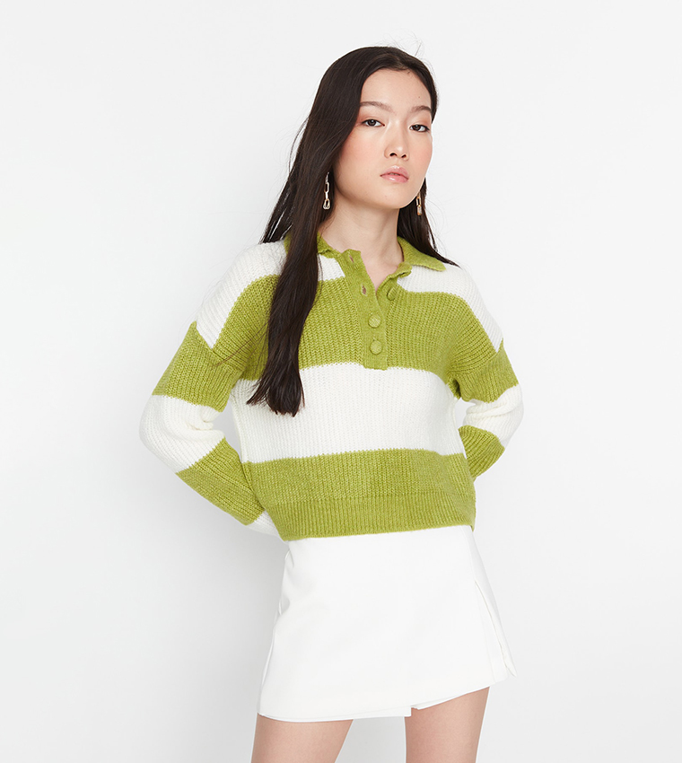 Button half discount placket striped pullover