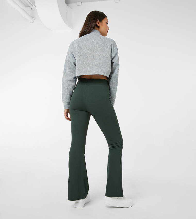 RIBBED FLARED TROUSERS - Dark green