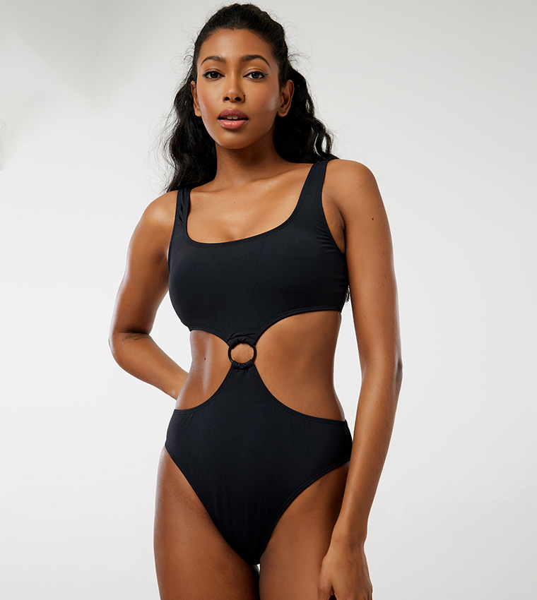 Plain Cut-Out O-Ring Swimsuit with Recycled Polyester Black