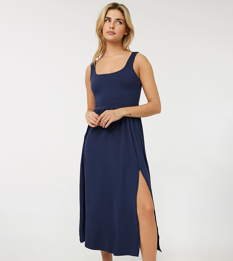 Buy Ardene Slit Detail Tank Midi Dress In Blue | 6thStreet Saudi Arabia