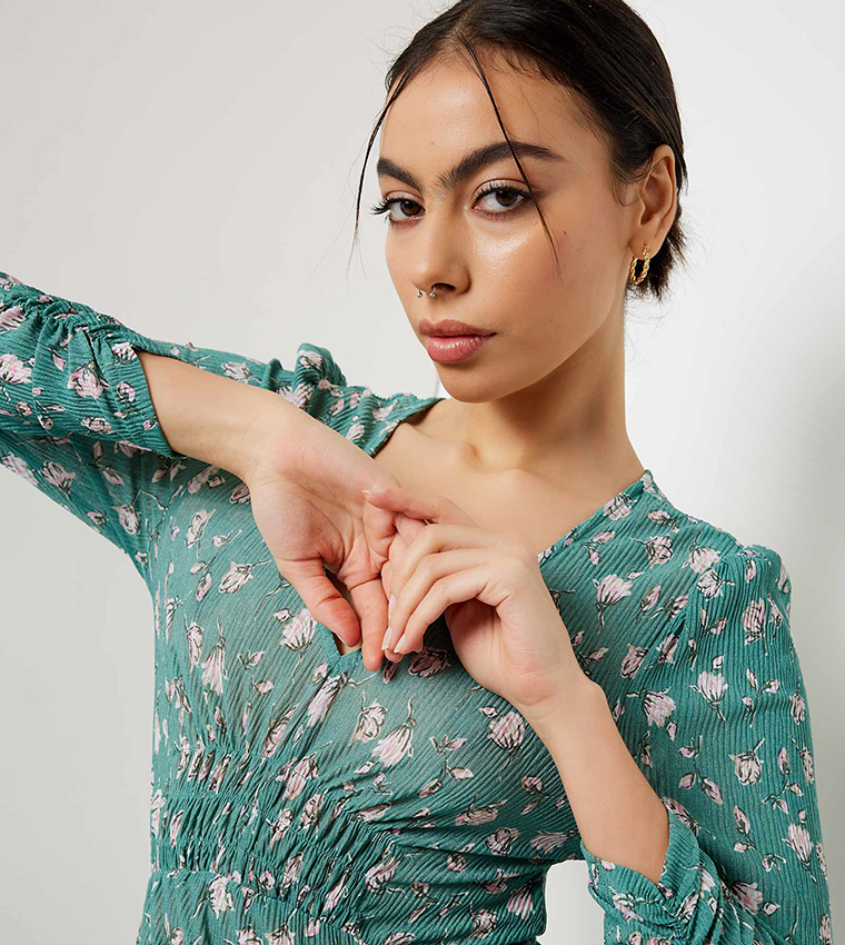 Buy Ardene Floral Print Long Sleeves Midaxi Dress In Green | 6thStreet  Kuwait