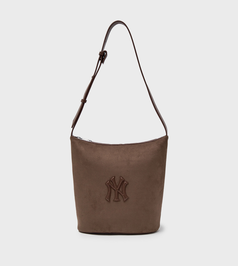 Monogram Applique Suede Bucket Bag