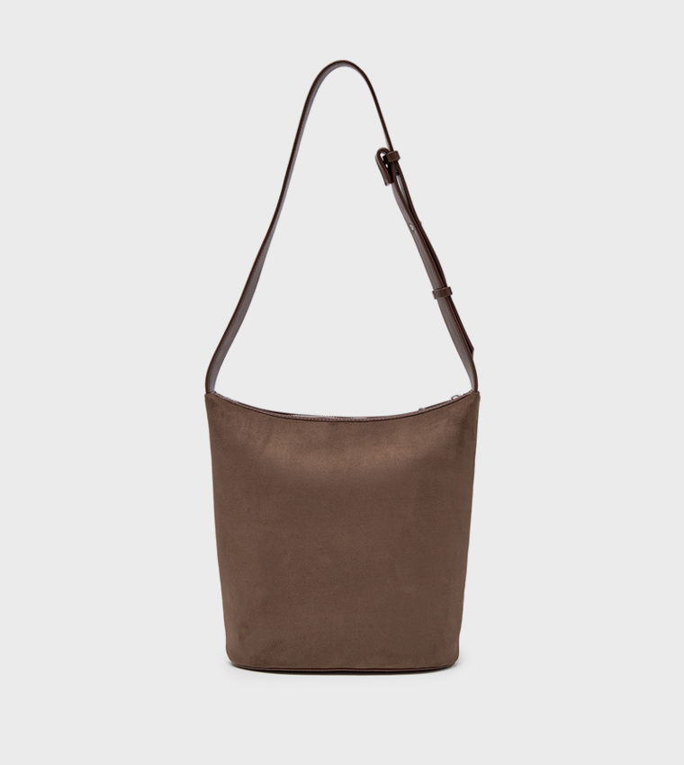 Monogram Applique Suede Bucket Bag