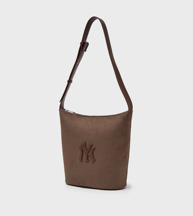 Monogram Applique Suede Bucket Bag