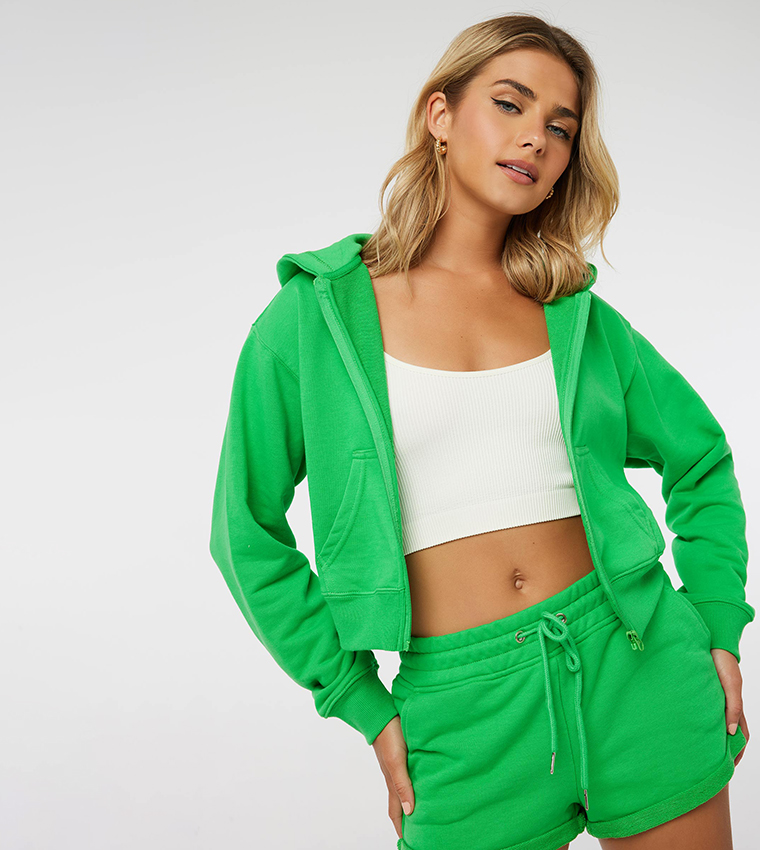 Solid Zip-Up Crop Hoodie