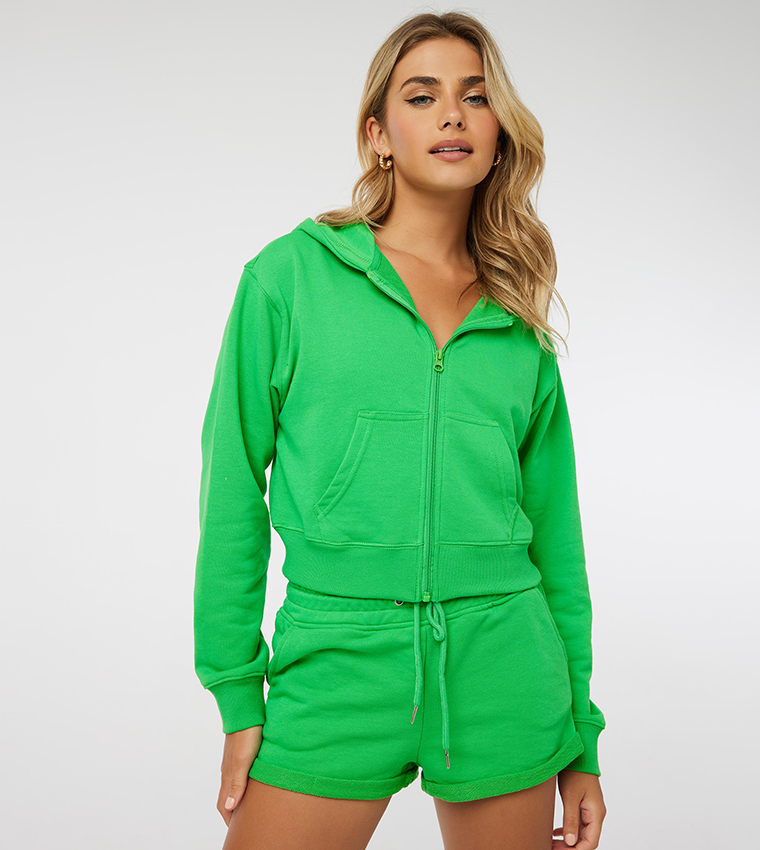 Solid Zip-Up Crop Hoodie