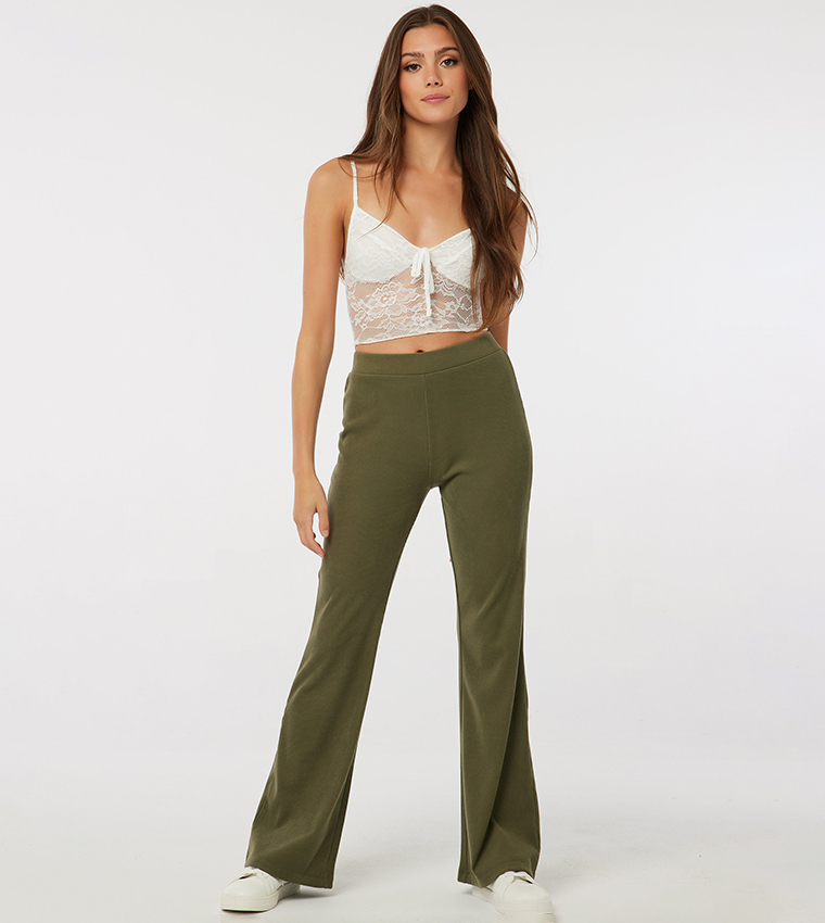 Ardene High Rise Wide Leg Pleated Pants in Khaki, Size XL, Polyester/ Spandex