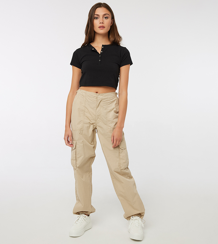 Ardene Low Rise Baggy Tailored Pants in Beige, Size