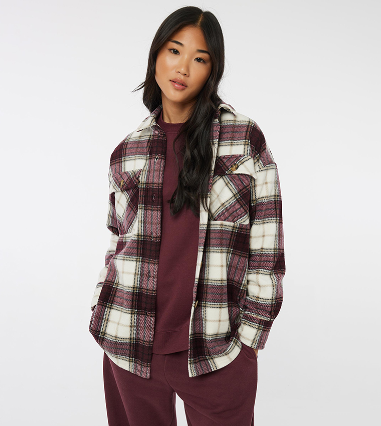 Buy Ardene Plaid Long Sleeves Fleece Shacket In Burgundy