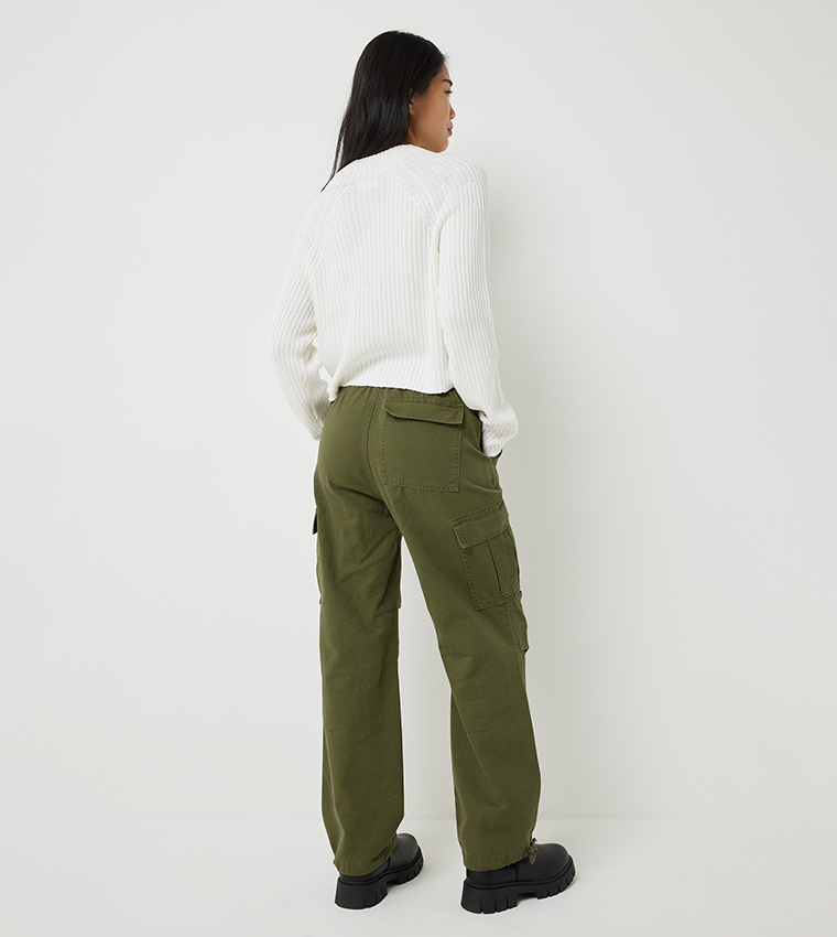 Ardene High Rise Straight Leg Cargo Pants in Dark Green