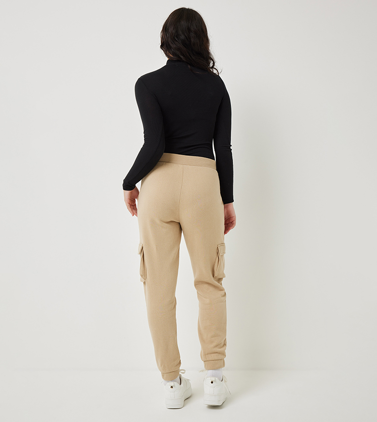 Solid Elastic Waist Cargo Joggers