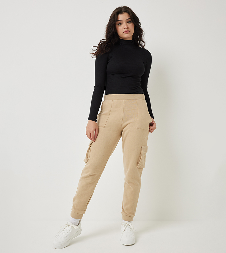 Solid Elastic Waist Cargo Joggers