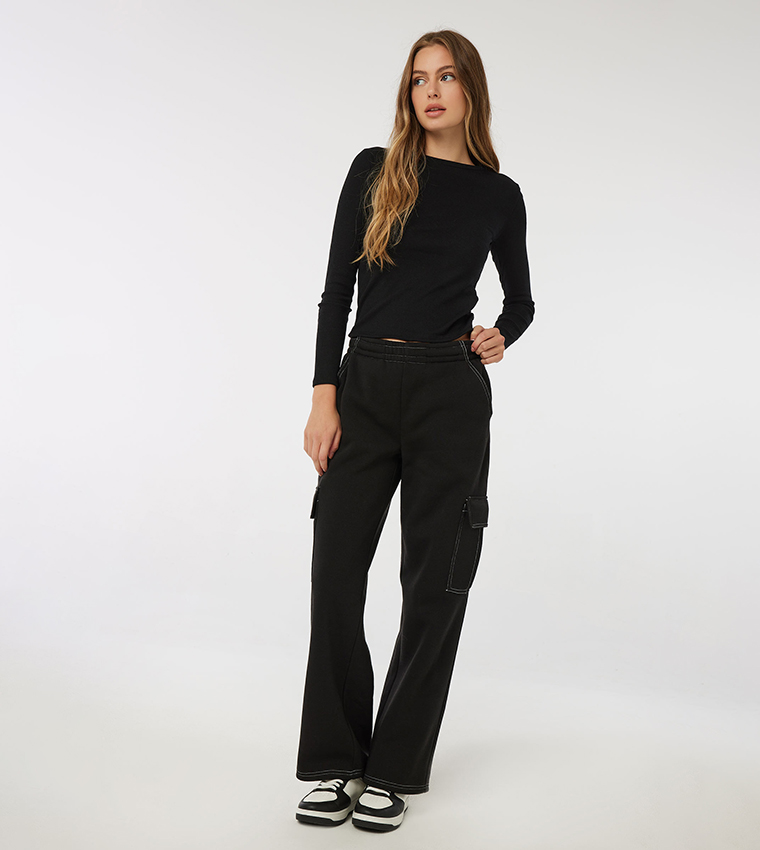 Buy Ardene Solid Elastic Waist Cargo Pants In Black