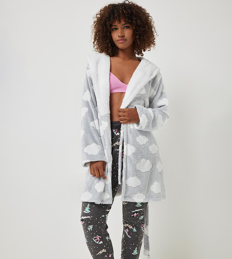 Buy Ardene Plush Hooded Night Robe In Grey 6thStreet UAE