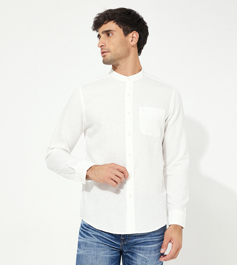 Linen Band Collar Long Sleeves Shirt