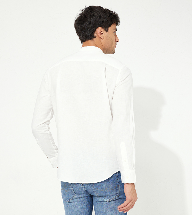 Linen Band Collar Long Sleeves Shirt
