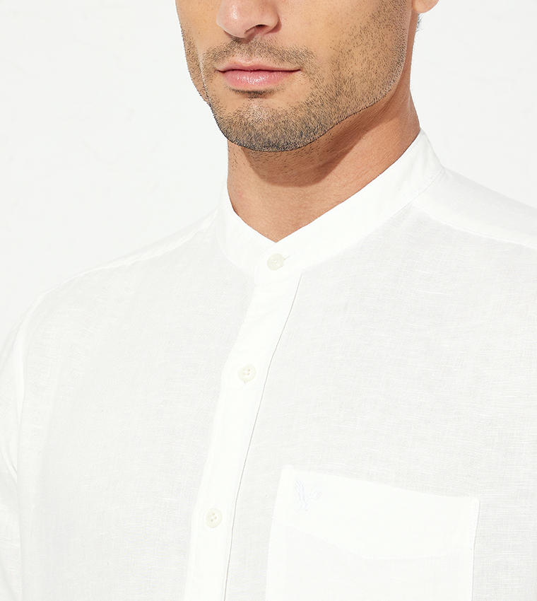 Linen Band Collar Long Sleeves Shirt