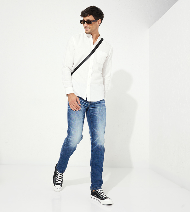 Linen Band Collar Long Sleeves Shirt