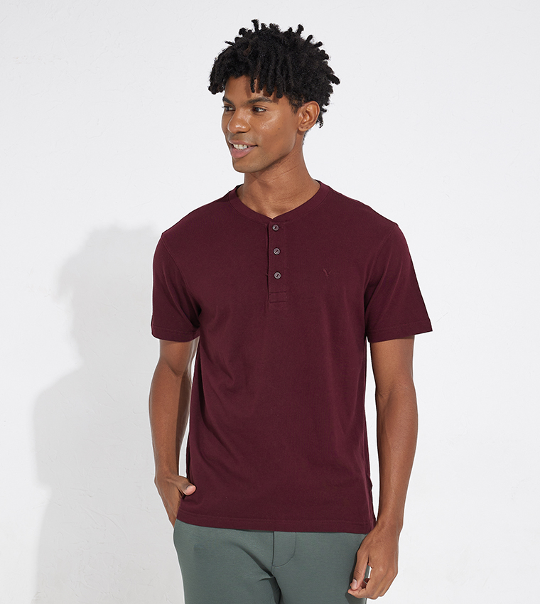 Buy American Eagle Henley Neck Short Sleeves T Shirt In Burgundy