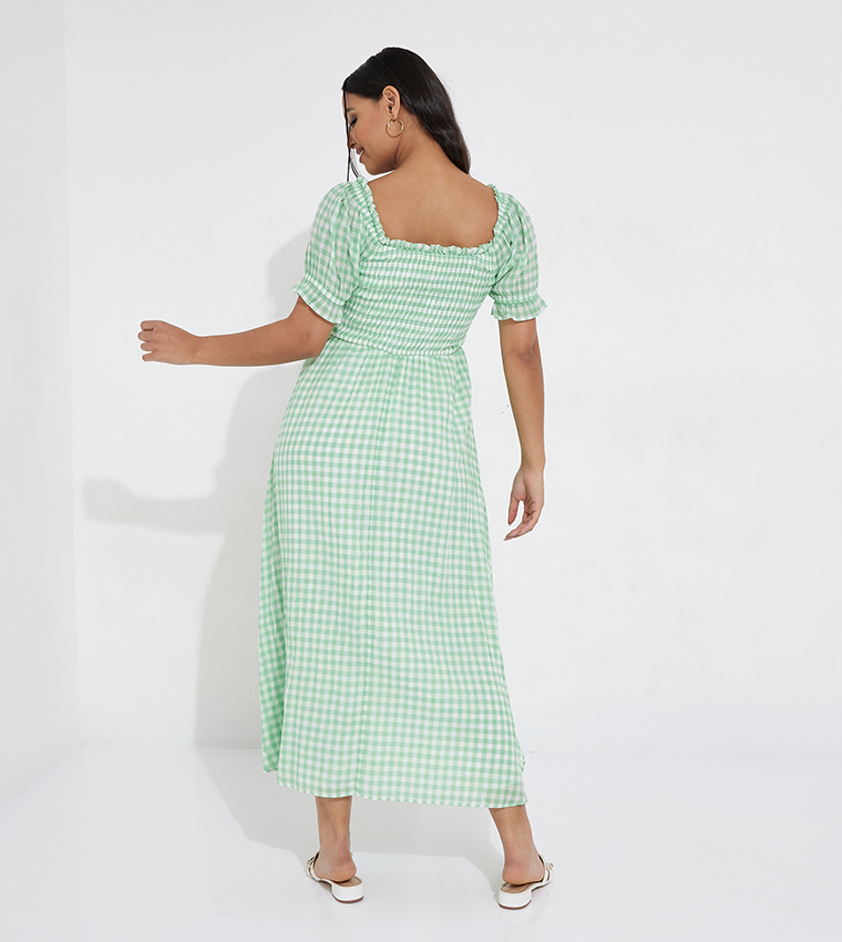 Buy American Eagle Checkered Smocked Dress In Green | 6thStreet UAE