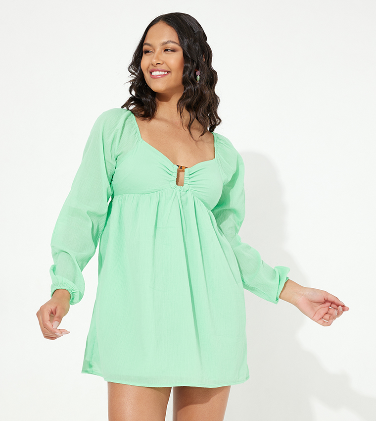 Pintuck Detail Long Sleeves Mini Dress