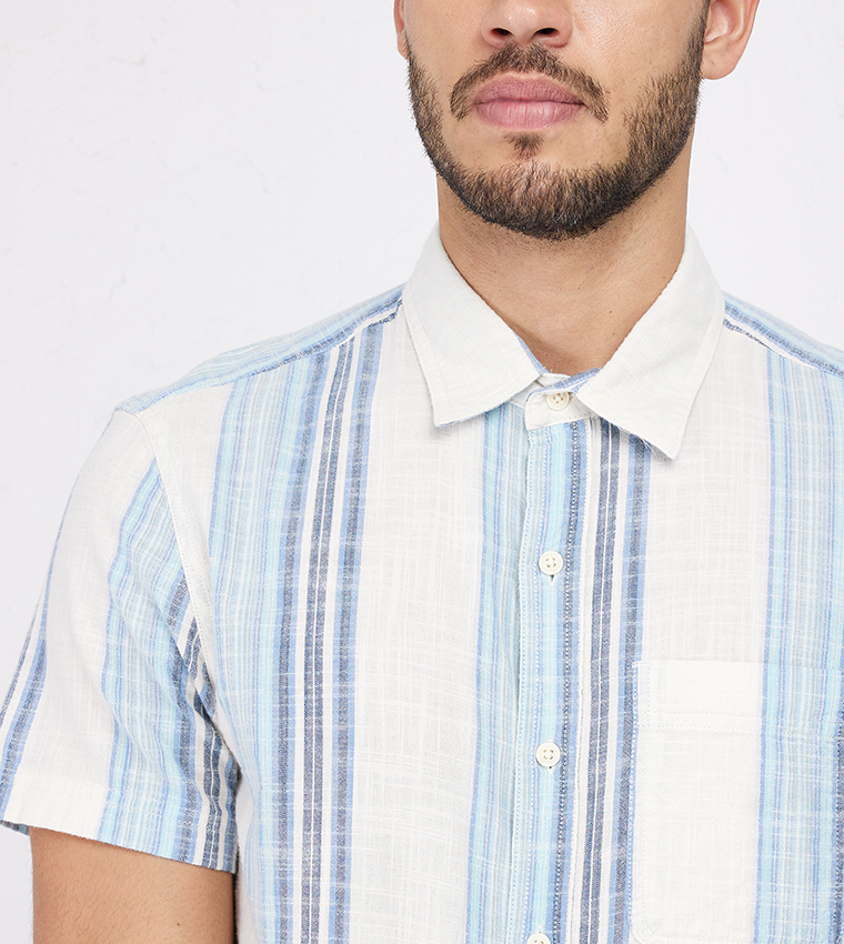 Buy American Eagle Striped Button Up Resort Shirt In Blue