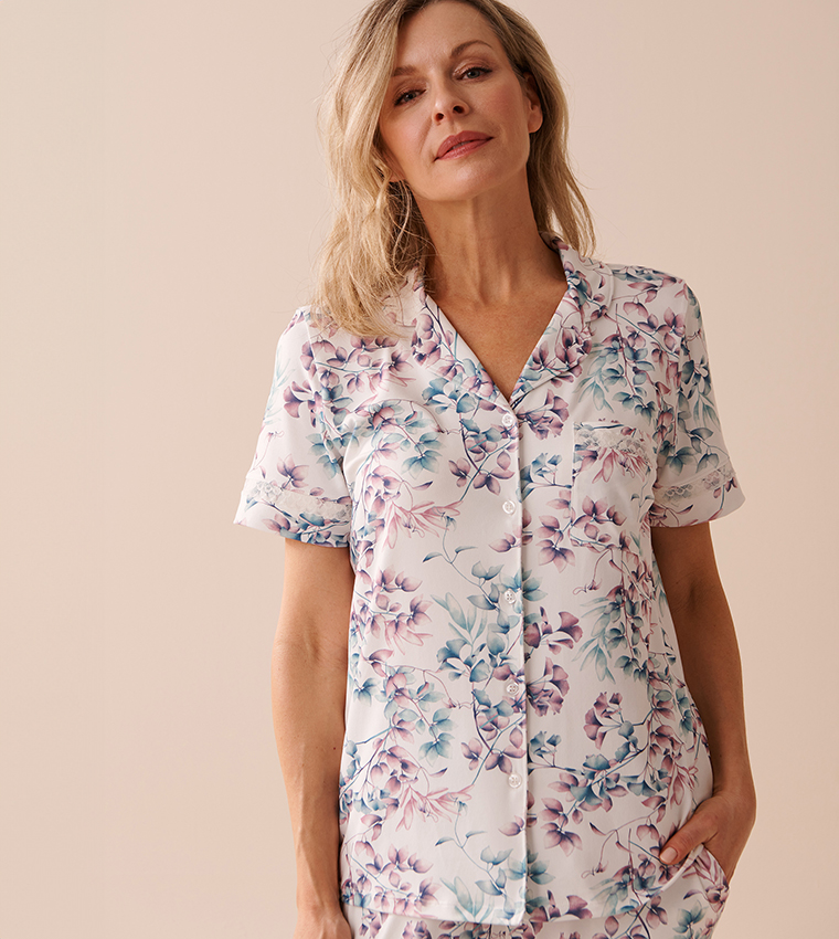 Bucolic Print Super Soft Lace Detail Sleep Shirt