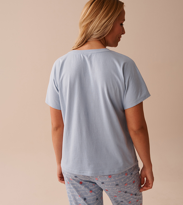 Apple Print Cotton V-Neck Sleep T-Shirt