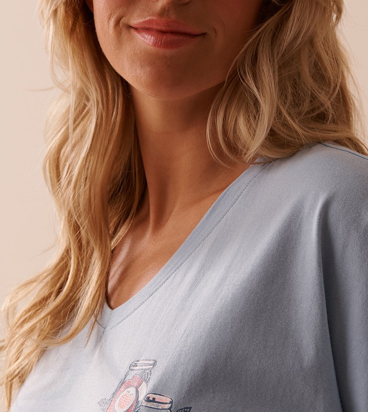 Apple Print Cotton V-Neck Sleep T-Shirt
