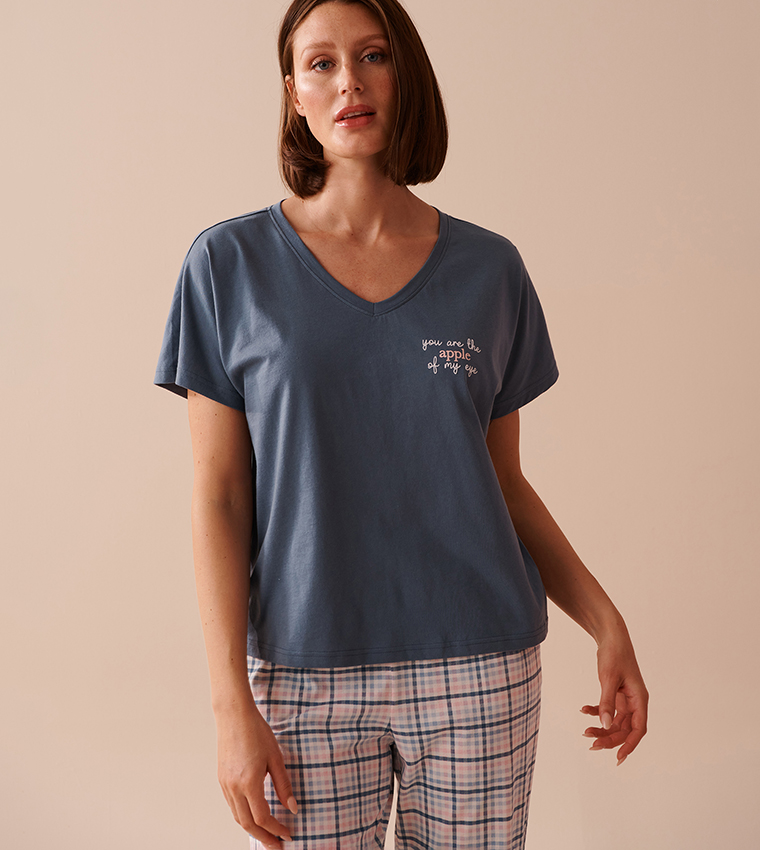 Apple Print Cotton V-Neck Sleep T-Shirt
