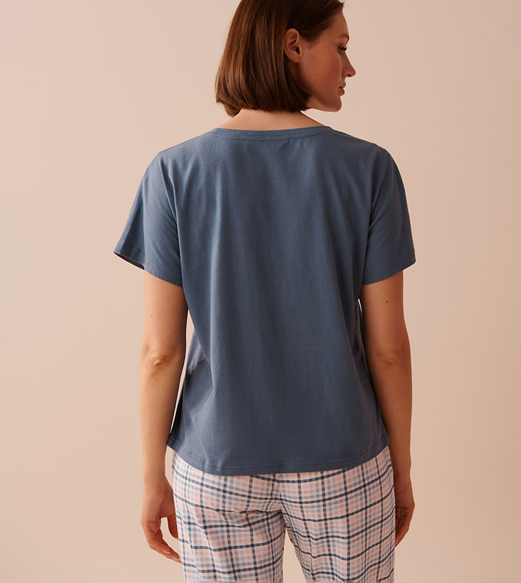 Apple Print Cotton V-Neck Sleep T-Shirt