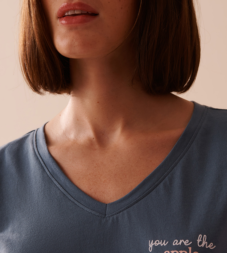 Apple Print Cotton V-Neck Sleep T-Shirt